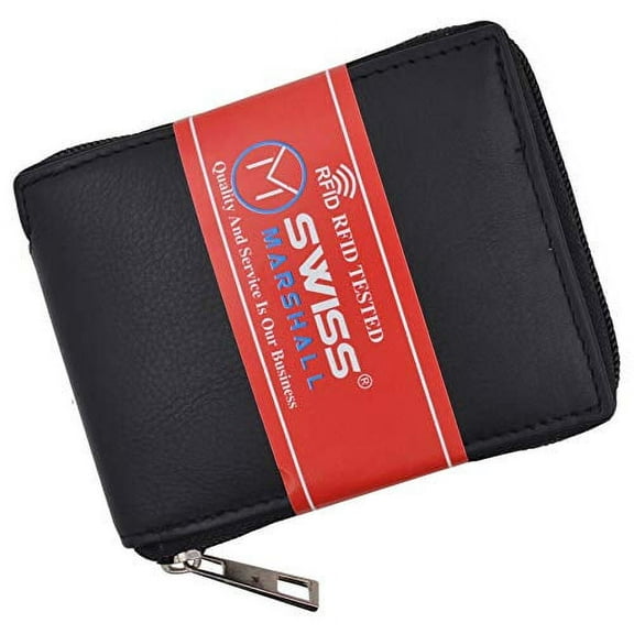 Mens RFID Blocking Zip Around Wallet Cowhide Leather Zipper ID Flap Bifold with Gift Box