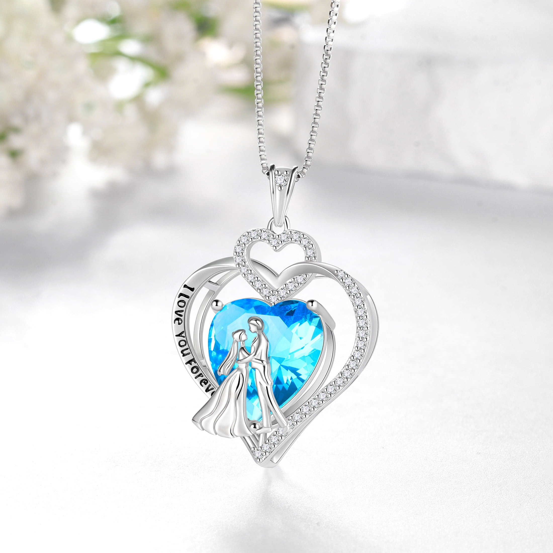 Juwaliy Couple Necklace for Women 925 Sterling Silver Heart March Birthstone Pendant Engraved I Love You Wedding Engagement Jewelry Valentines Day Gift for Wife Bride Her