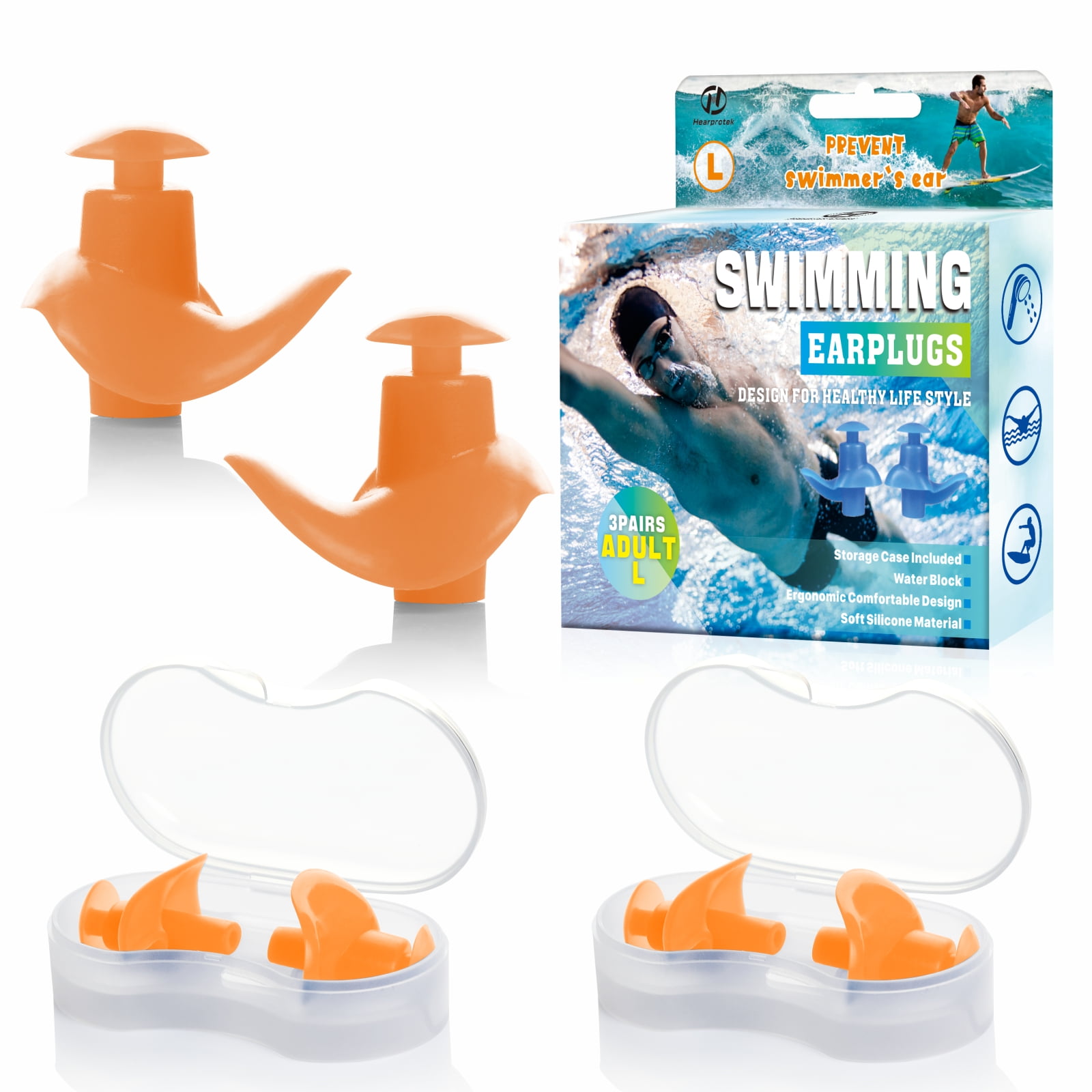 Hearprotek Swimming Earplugs , 3 Pairs, Silicone Comfortable Earbuds with Storage Case for