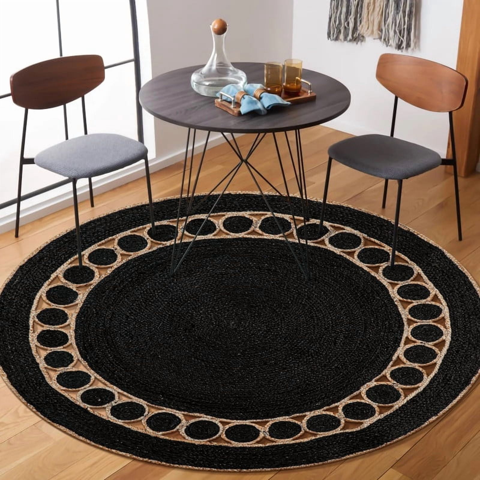 Round Natural Jute Rug, Rustic Boho Coastal Farmhouse Reversible Mat, Black Natural, 4 FT