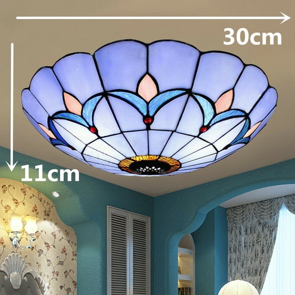 NEW 12" Tiffany Style Stained Glass Flush Mount Ceiling Light Vintage Fixture For Dining Room, Living Room, And Other Places.