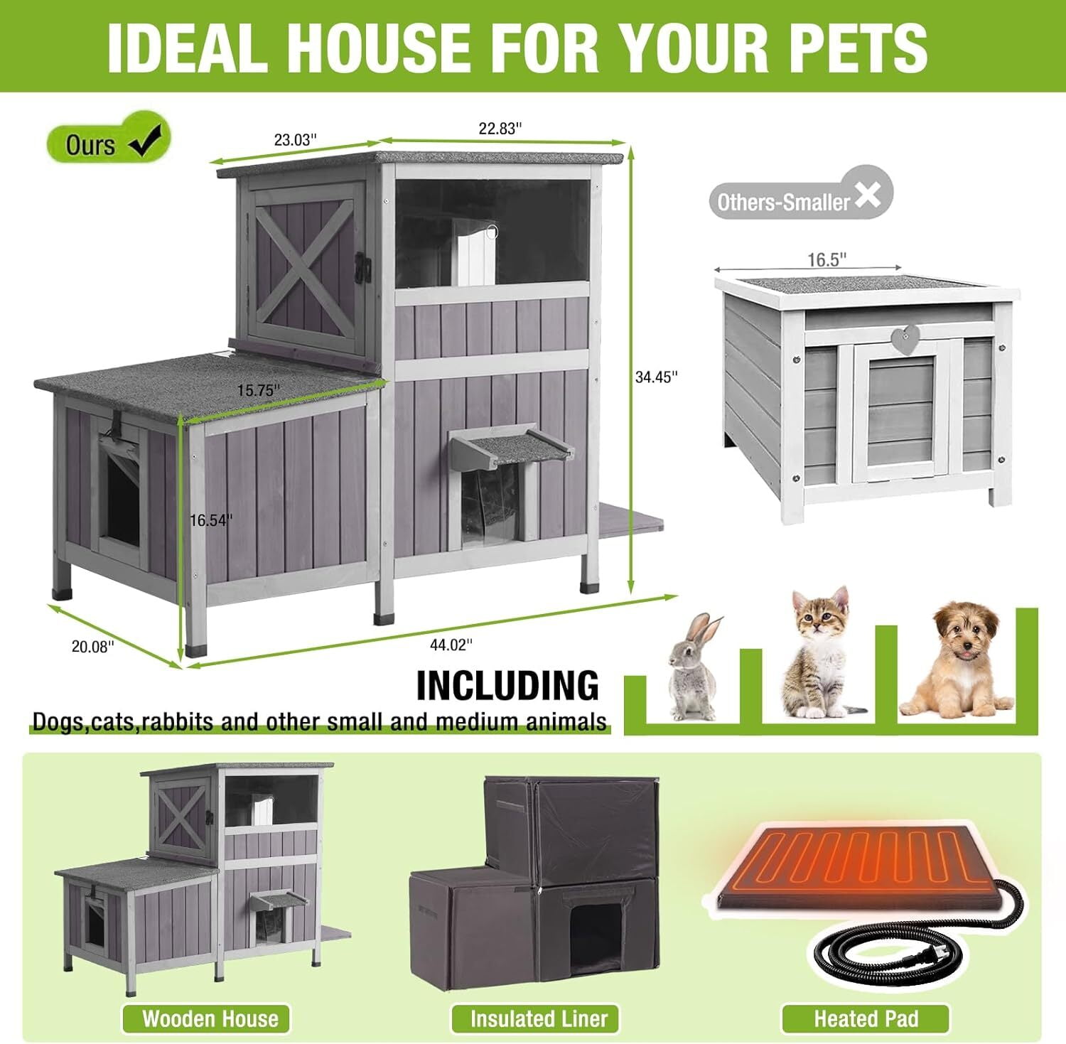 MEDEHOO Heated Cat House Outdoor Insulated Cat Cage with Heating Pad for Winter, Feral Kitty Shelter Waterproof Roof,23" D x 44" W x 34.5" H