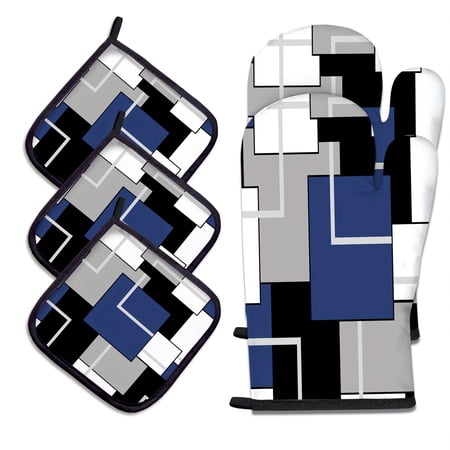 Navy Blue 5pcs Geometric Oven Mitts And Pot Holders Sets Modern Oven Gloves And Hot Pads for Kitchen Cooking Abstract Art Oven Mitt Potholder Is Both Functional And Decorative