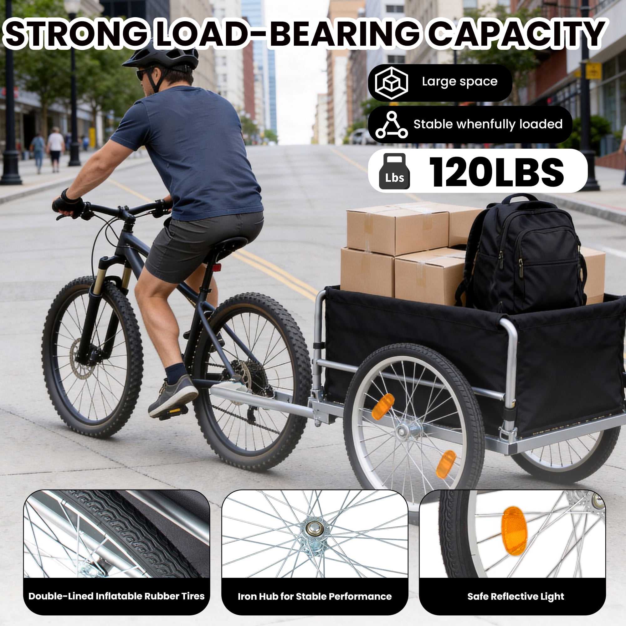 Foldable Bicycle Cargo Trailer, 20" Wheels, Removable Cover, Folding Frame Quick Release, 120LBS Load for Luggage/Tools/Groceries