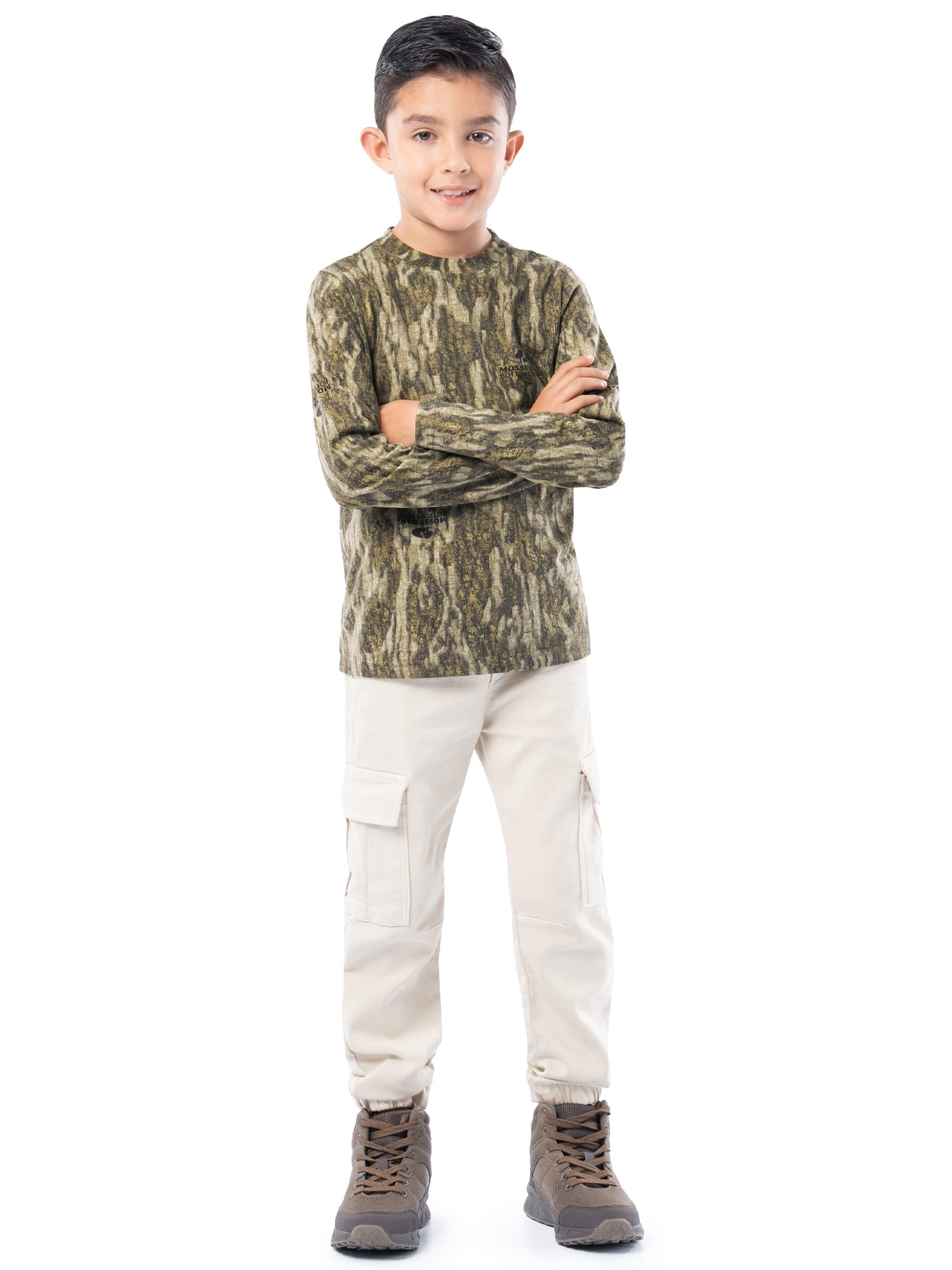 Mossy Oak Youth Long Sleeve Hunting T-Shirt, Bottomland Camouflage, Sizes XS-XL