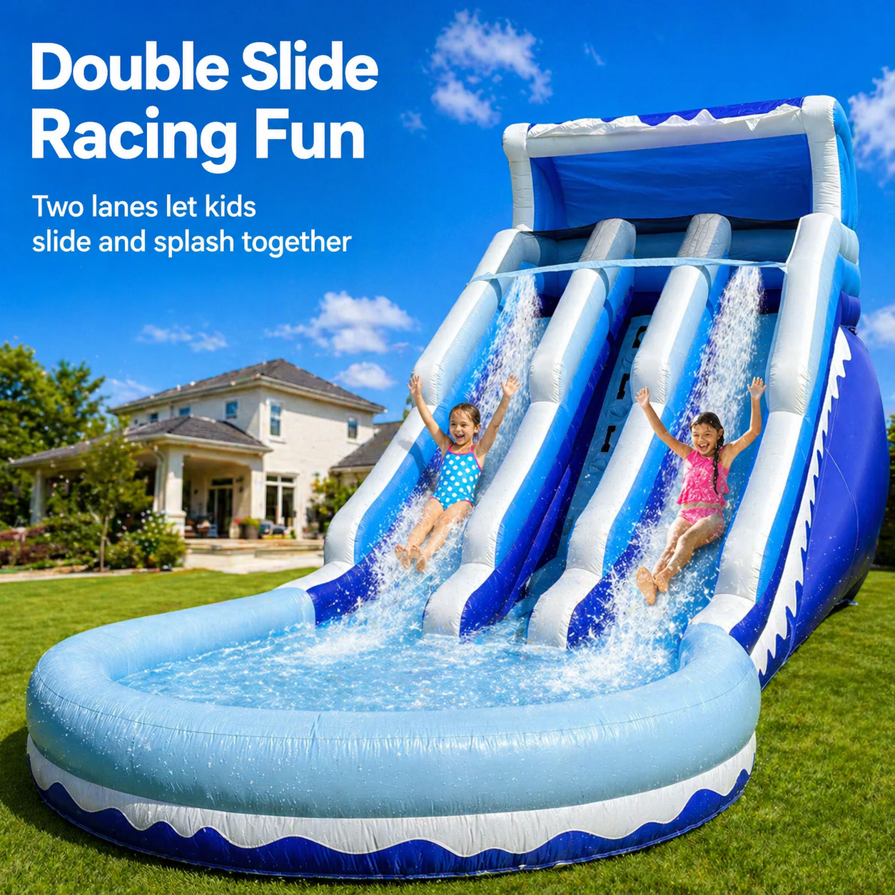 Connsann Inflatable Water Slide Blue Wave Oxford Double Lane with Splash Pool and Climbing Wall for Kids, Blue, 1-Count, 20.6 ft