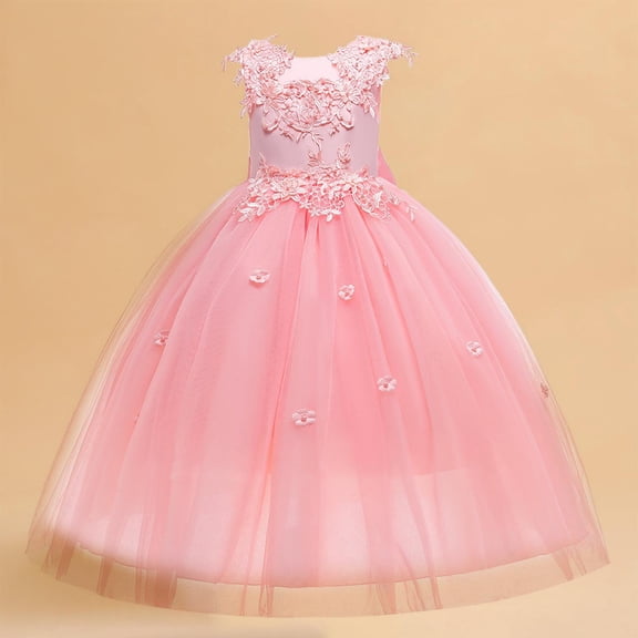 Pejock Girls Sleeveless Beaded Pageant Dress - Mesh Princess Gown with Bow Detail, Fashion Show Costume for Ages 7-14 Size 120-170