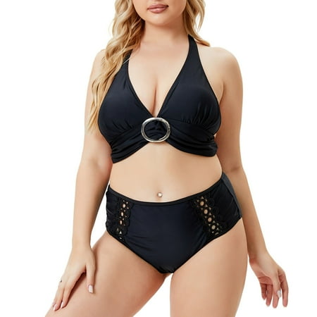 

Hdacd Women s Retro Black Water Soluble Lace Mid-waist Plus Size Swimsuit Bikini