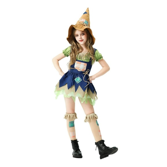 Odeerbi Kids Girls Halloween Dresses Role Play Stage Performance Dress Outfits New Pattern Long Sleeve Velvet Court Style Dress Khaki