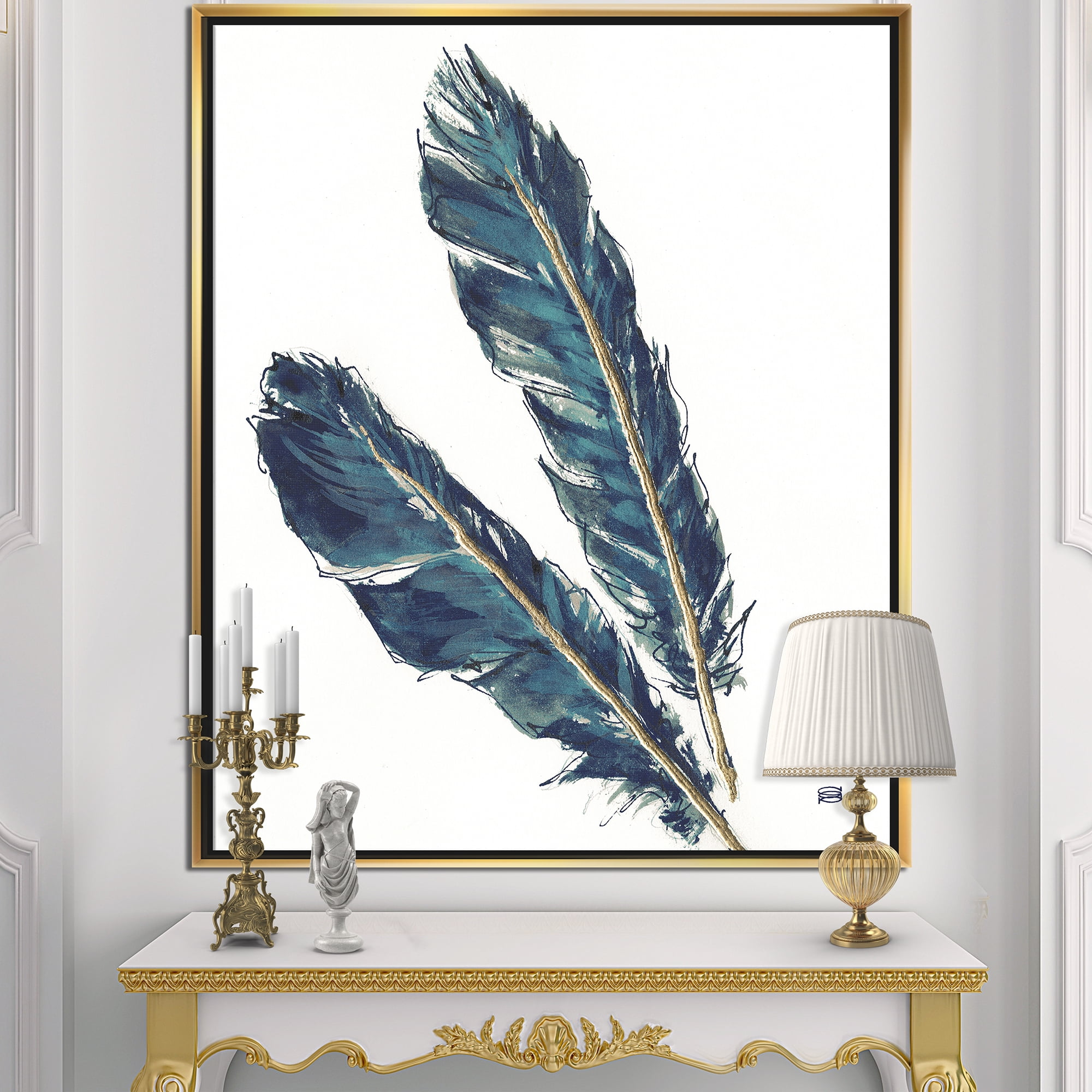 Designart ' Gold Indigo Feathers III ' Modern Bohemian Framed Canvas