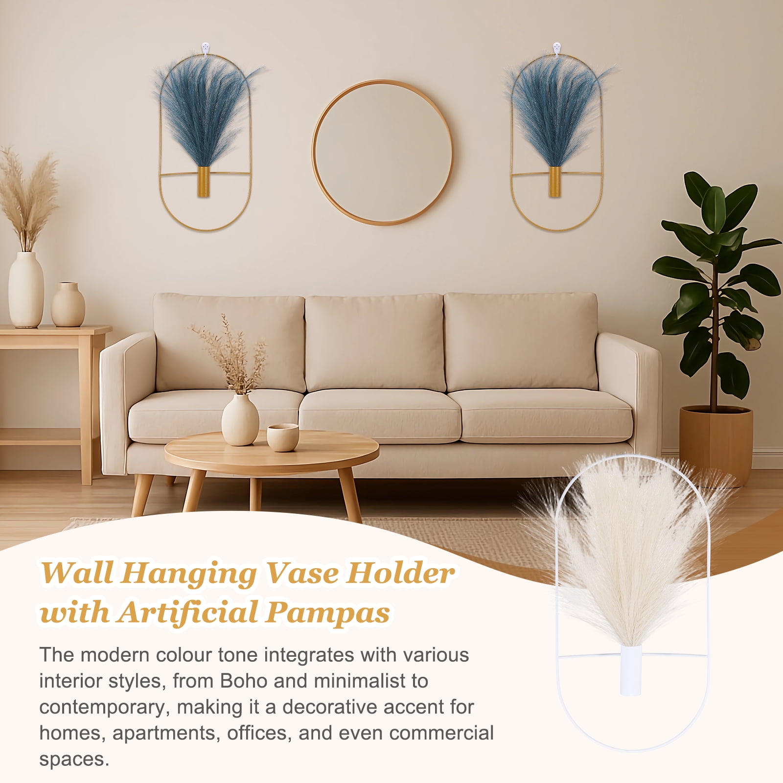 Uxcell 2 Pcs Wall Decor Metal White Wall Art Hanging Planters with Artificial Pampas, Wall-mounted Decor Metal for Display Artwork Plant Hanging Living Room Bedroom, Beige (Oval)