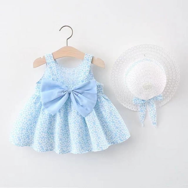 Vestido de niña, ropa de verano para niños, tirantes, lazo dulce, estampado floral, sombrero, chaleco, falda para