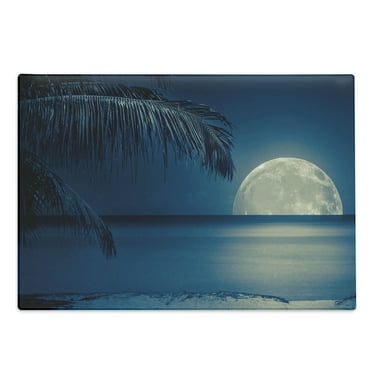 Moon Cutting Board, Full Moon Reflected on the Calm Water of a Tropical Beach Blue Toned Image, Decorative Tempered Glass Cutting and Serving Board, Large Size, Blue White, by Ambesonne