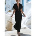 thumbnail image 3 of Women Summer V Neck Drawstring Maxi Dress Elastic Waist Flowy Vacation Dress Black S, 3 of 8