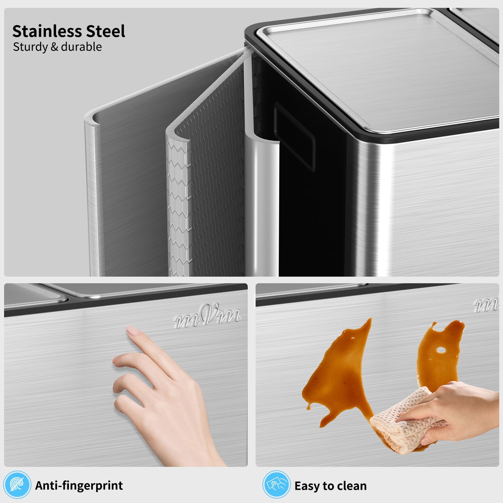 mVm 12 Gal Stainless Steel 3 Compartment Trash Can, Triple Step Trash Can with Steel Lids, Modern Kitchen Office Garbage Can(Silver)
