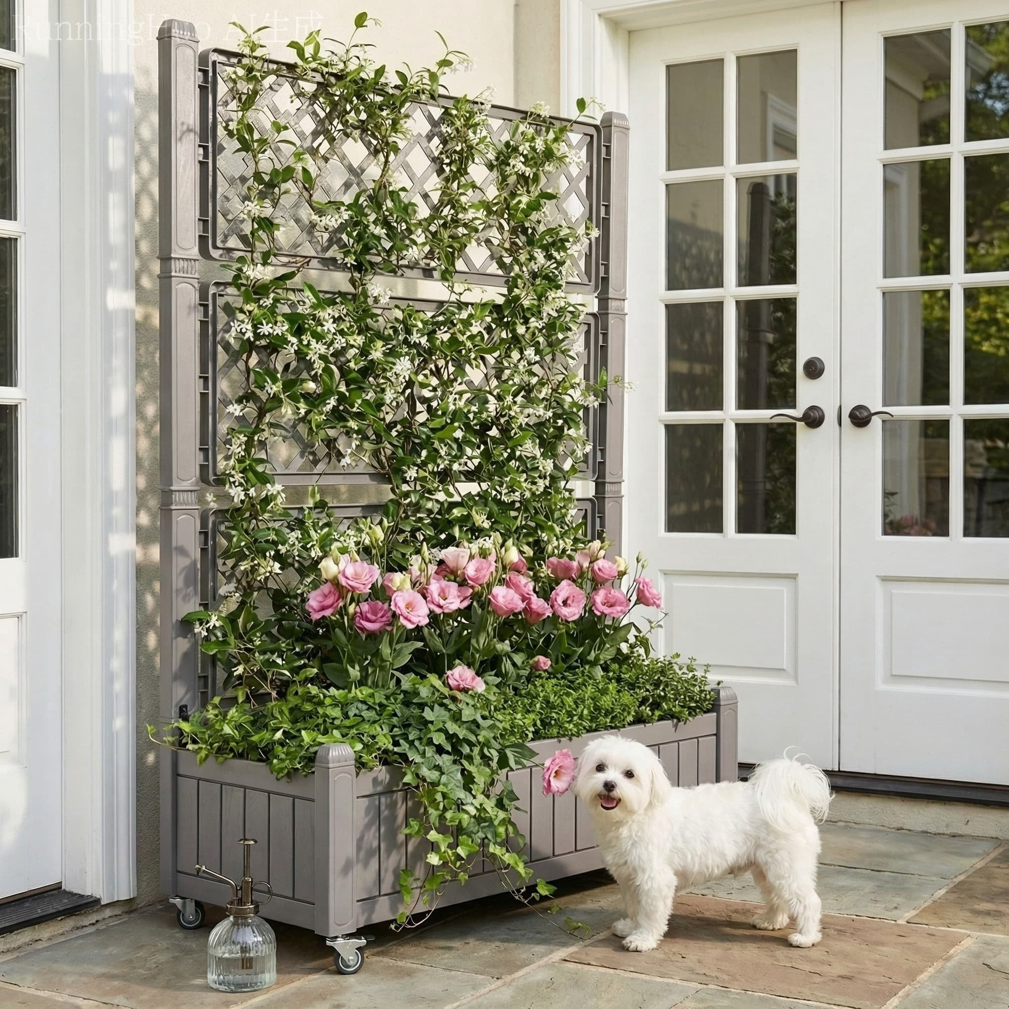 Uforic Outdoor 42.5x14.2x61 in Privacy Screen & Planter Box with Trellis, Raised Garden Bed with Wheels & Drain Plug, All-Weather Light Brown Planter for Climbing Plants, Flowers, Herbs