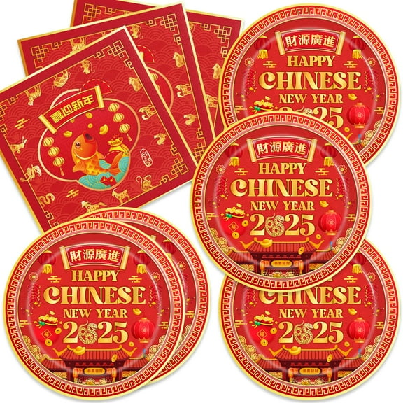 48pcs Chinese New Year 2025 Party Plates Napkins Decorations for 24 Guests