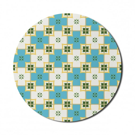 Yellow and Blue Mouse Pad for Computers, Geometrical Repetitive Portuguese Mediterranean Related Pattern, Round Non-Slip Thick Rubber Modern Mousepad, 8" Round, Emerald Blue Mustard, by Ambesonne