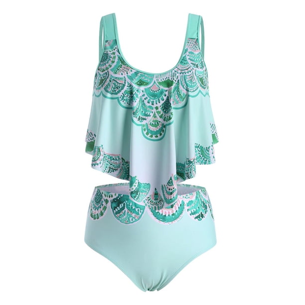 Impreso bohemio volantes con tiras más el tamaño de baño tankini Rosegal Camisetas tallas grandes
