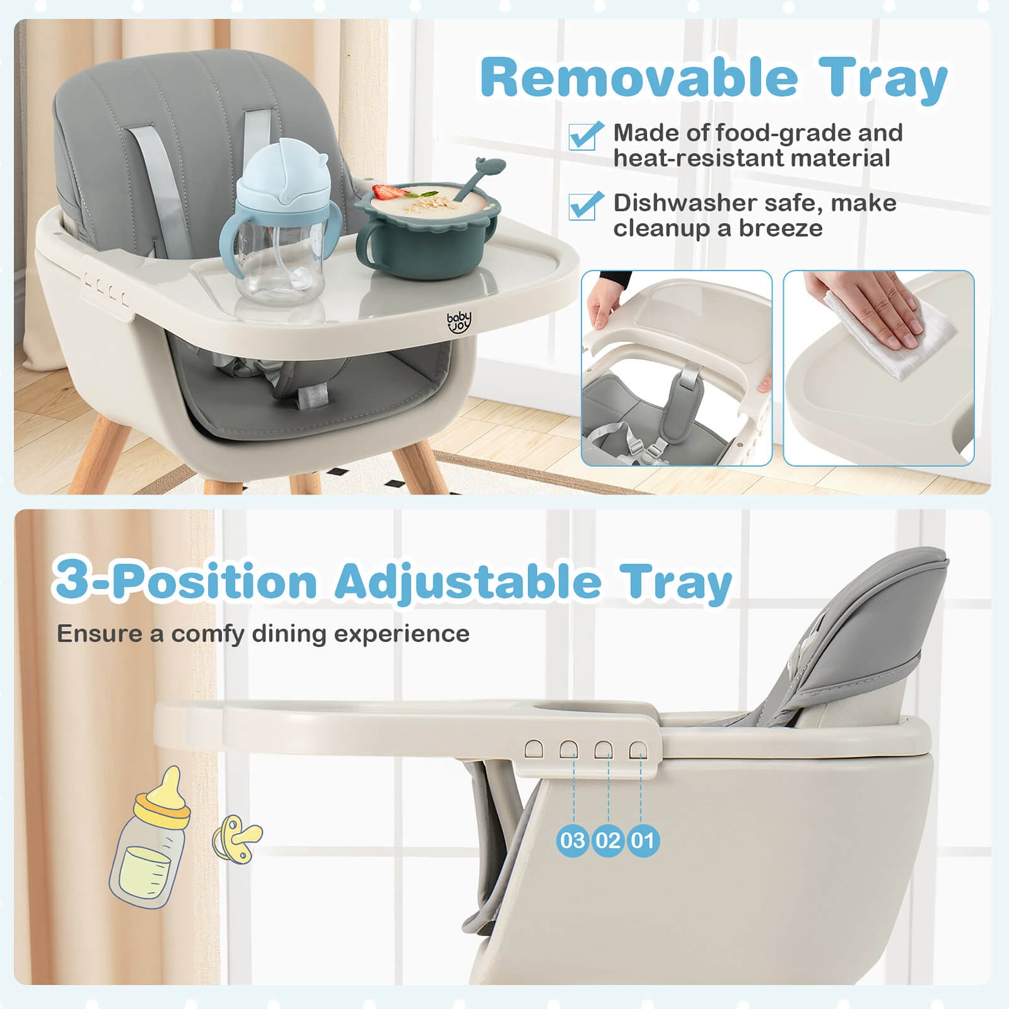 Babyjoy 3 in 1 Convertible Wooden High Chair Toddler Feeding Chair with Cushion Gray