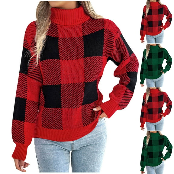 Aboser Christmas Plaid Sweaters for Women Turtleneck Long Sleeve Pullover Sweater Merry Xmas Holiday Outfits Cozy Long Sleeve Jumper Tops Trendy Checked Sweaters