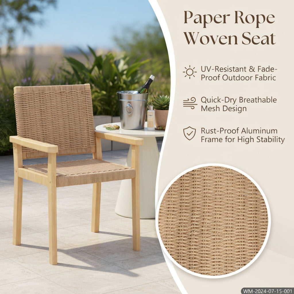 Hommoo Rubber Wood Dining Chairs Set of 2, Indoor & Outdoor Woven Paper Rope Chairs, Ideal for Patio, Balcony, Living Room & Kitchen, Natural