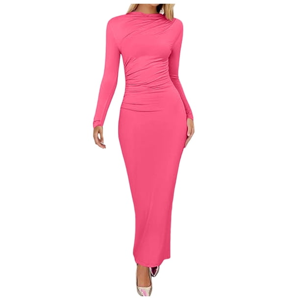 2025 Vestido largo ajustado de color liso para mujer: poliéster, cintura imperio, temperamento elegante, lavable a máquina, tallas S-L, contorno de pecho 76-100 cm