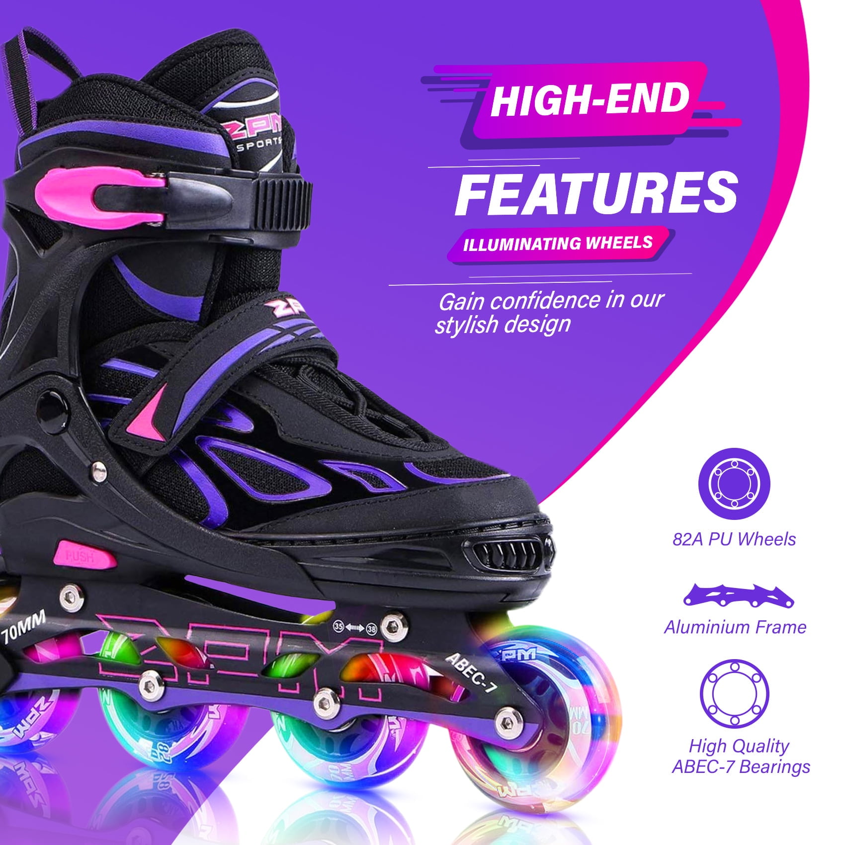 2PM SPORTS Vinal Girls Adjustable Inline Skates with Light up Wheels Beginner Fun Illuminating for Kids Boys and Ladies - Purple Small(10C-13C US)