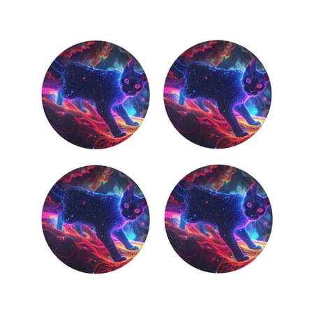 

Fuzoiu Cosmic Cat Psychedelic Journey Print Leather Coasters Set Drink Coasters Set of 4 for Tabletop Protection Durable PVC Coasters Home Décor and Housewarming Gift-Round Shape