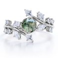 thumbnail image 1 of Anillo de Compromiso JeenMata 0,75 ct Diseño Hoja Rama Redondo Ágata Verde Musgo Blanca Opaca y Moissanita Tensión Catedral Baño Oro Blanco 18 K sobre Plata, 1 of 6