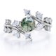 thumbnail image 1 of Anillo de Compromiso JeenMata 0,75 ct Diseño Hoja Rama Redondo Ágata Verde Musgo Blanca Opaca y Moissanita Tensión Catedral Baño Oro Blanco 18 K sobre Plata, 1 of 6