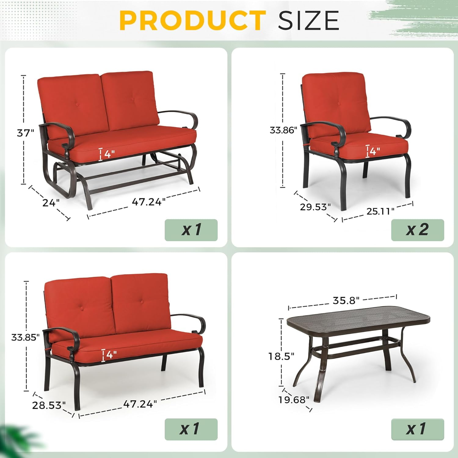 SUNCROWN 5-Piece Patio Furniture Set Outdoor Metal Conversation Set, Red