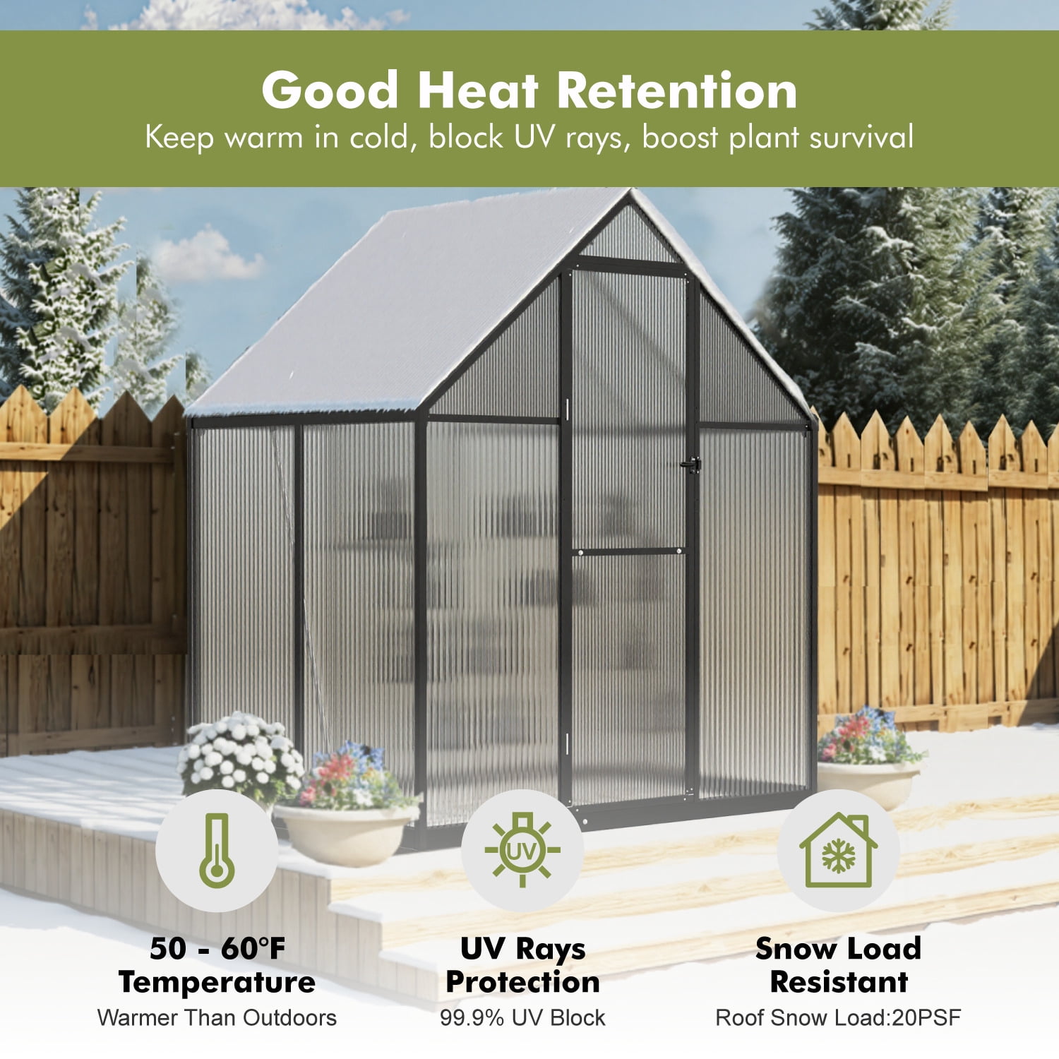 Sylviera 6x4ft Walk-in Greenhouse with Thermometer, Polycarbonate Panels, Reinforced Aluminum Frame, Compact Backyard & Patio Green House with Adjustable Roof Vent