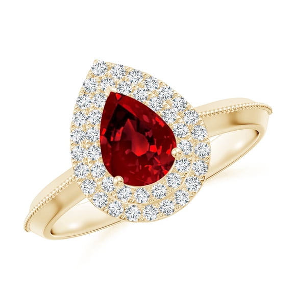 ANGARA Lab Grown Vintage Inspired Pear Ruby Double Halo Engagement Ring for Women in 14K Yellow Gold (Size-7x5mm) | July Birthstone, Anniversary, Jewelry Gift for Women | Lab-Grown Ruby Ring