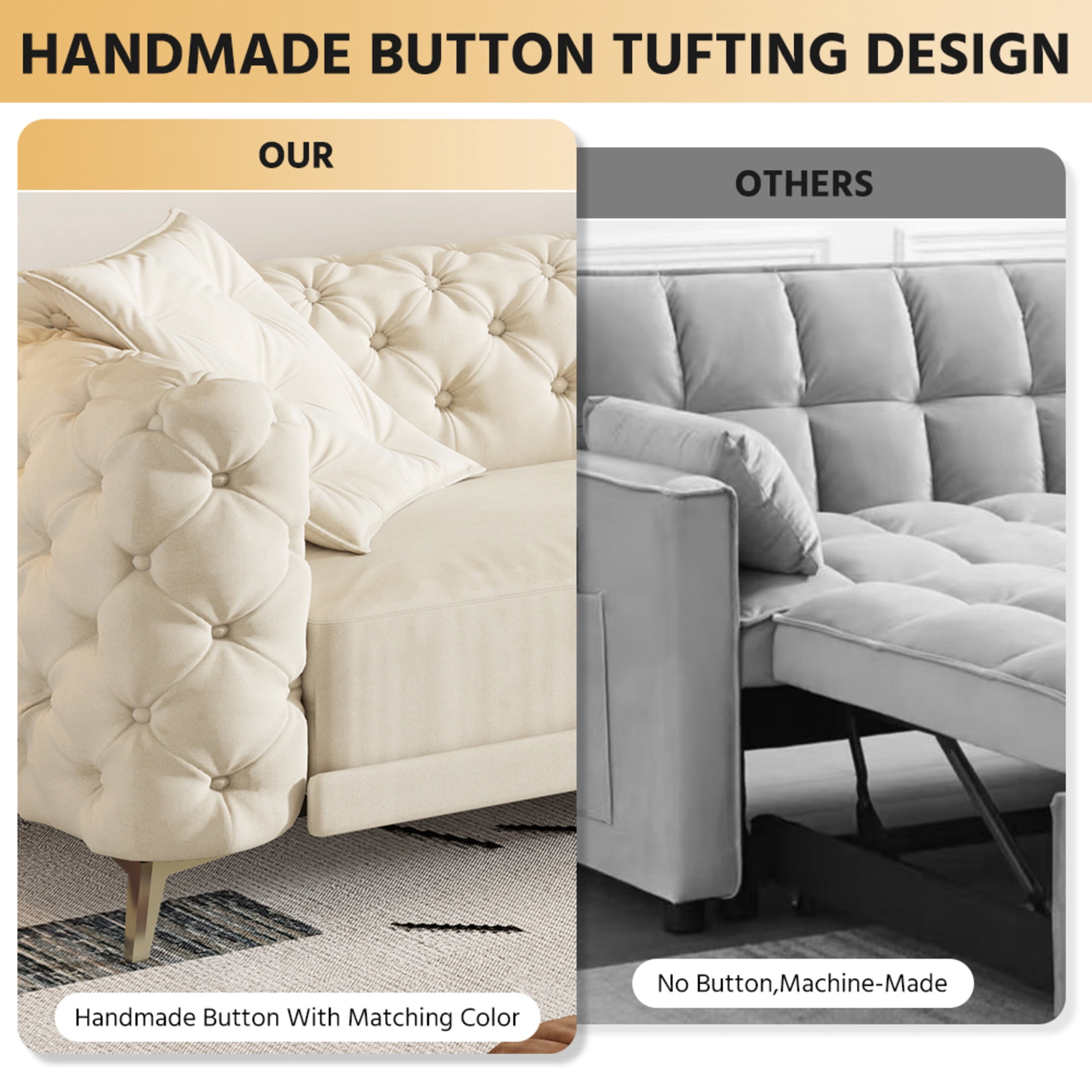 Noble House Rostin 4-Seat Velvet Convertible Sleeper Sofa, 3-in-1 Pull-Out King Bed with Movable Ottoman, Beige