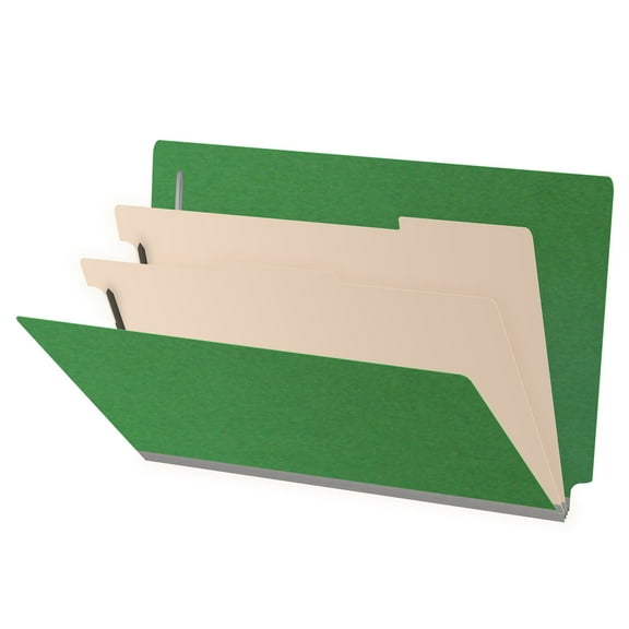25 Pt. Pressboard Classification Folders, Full Cut End Tab, Legal Size, 2 Dividers, Green (Box of 10)