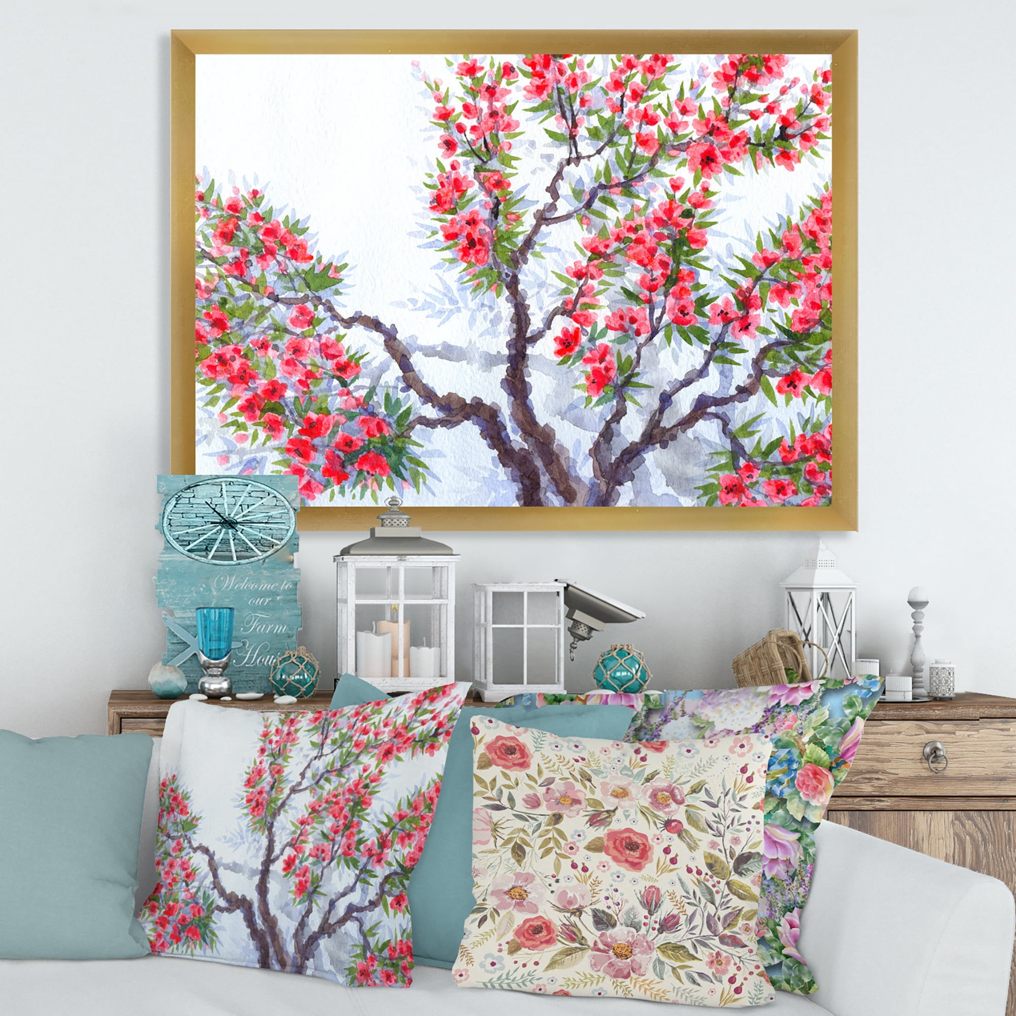 Abstract Red Flowers of Spring Tree 32 in x 24 in Framed Painting Canvas Art Print, by Designart