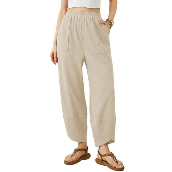 LOVZFMLL Pants for Women Baggy Wide Leg Pants Casual Loose Solid Elastic Waisted Palazzo Harem Sweatpants with Pockets Beige L
