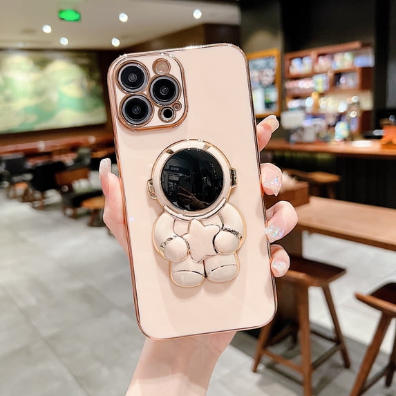 Electroplated slim Case for iPhone 13 Pro Max 6.7 Inch, Four-Leaf Clover Pattern Rugged Back Soft TPU Shockproof Lightweight Case with Camera Protection Astronaut Design Kickstand Phone Cover,Pink