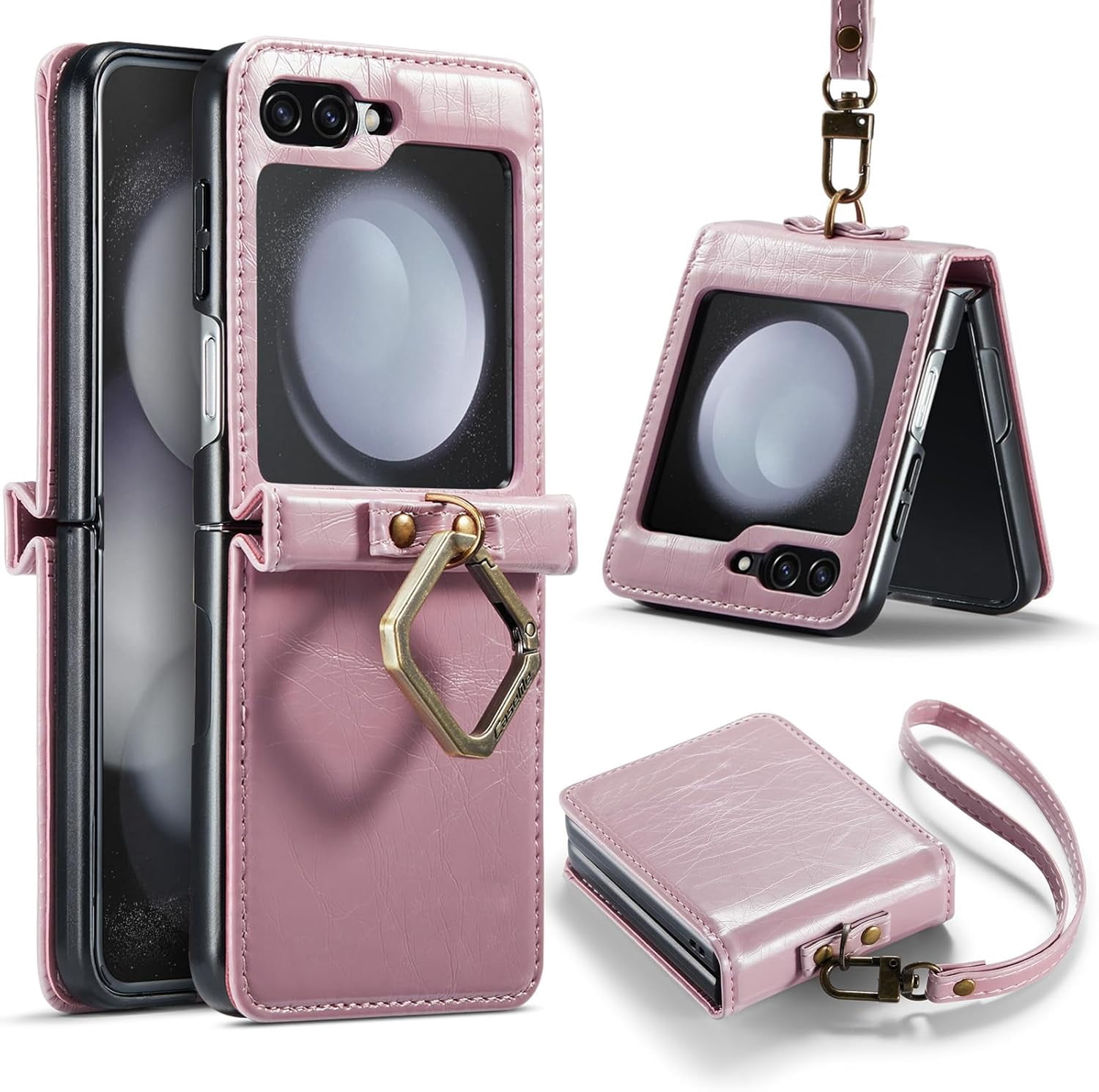 Phone Case for Samsung Galaxy Z Flip 5 5G 2023 with Lanyard Wrist Strap Thin Slim PU Leather Shockproof Hard Shell Protective Cell Cover ZFlip5 Z5 G Flip5 5Z Women Girls Black