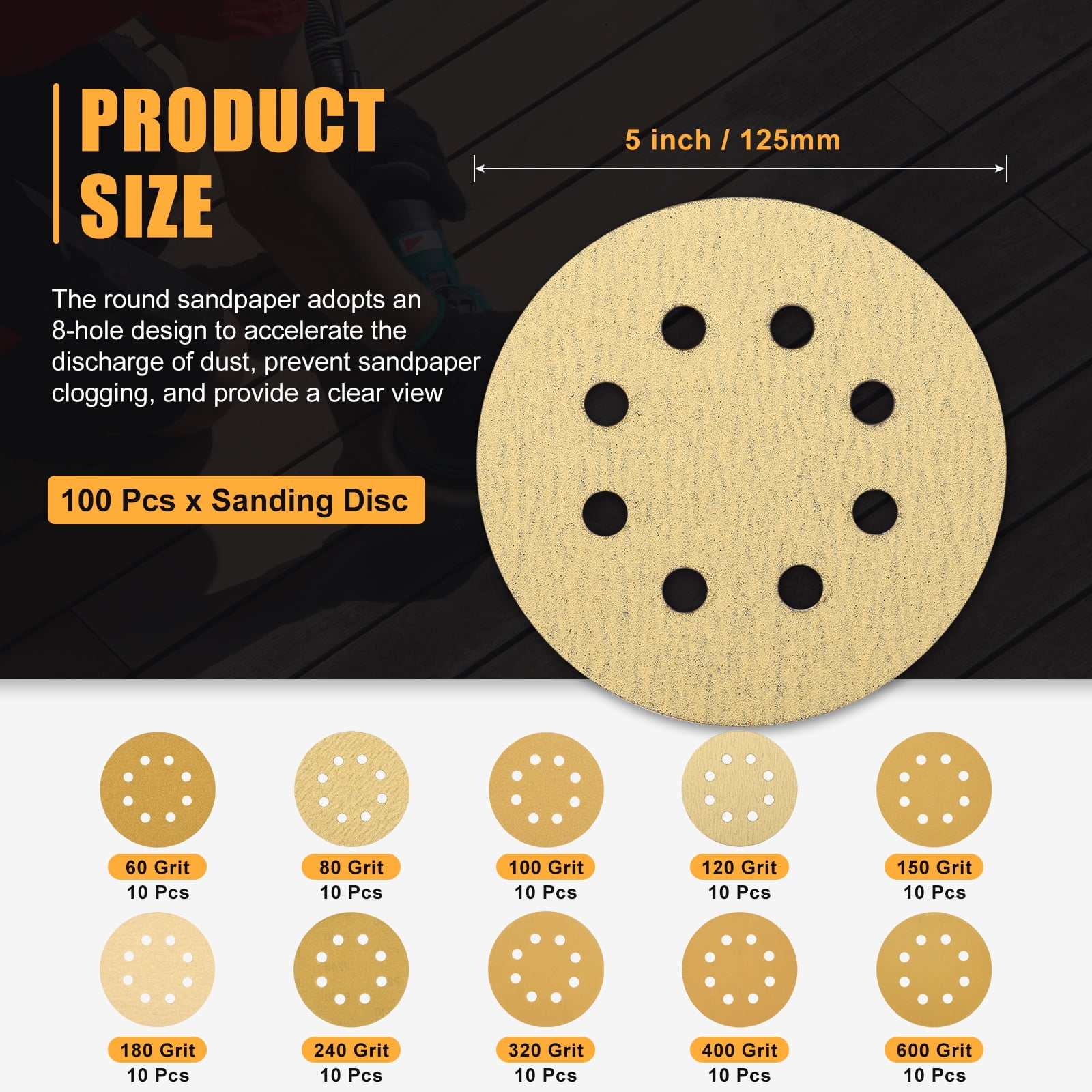10 Pcs 9 Inch Sanding Disc 180 Grit Hook and Loop Sandpaper Random Orbital Sander Pads for Woodworking Automotive, Gold