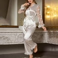 thumbnail image 2 of Bixock Women Fall and Winter Pajamas Set,Women Pajams Two-piece Set,Women Pajamas Set Solid Color Floral Embroidery Lace Semi Transparent Mesh Sleeve Simulated Silk Long Pants Pajamas Set, 2 of 5