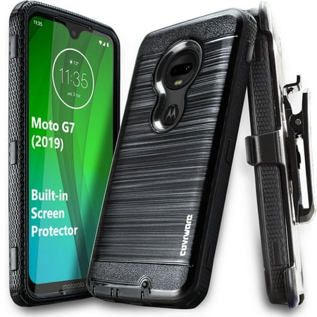 Moto G7 (2019) / Moto G7 Plus case, COVRWARE Iron Tank Series Heavy Duty Full-Body Rugged Holster Armor Cover (Brush Metal Texture Design) with Built-in Screen Protector, Belt-Clip, Kickstand,