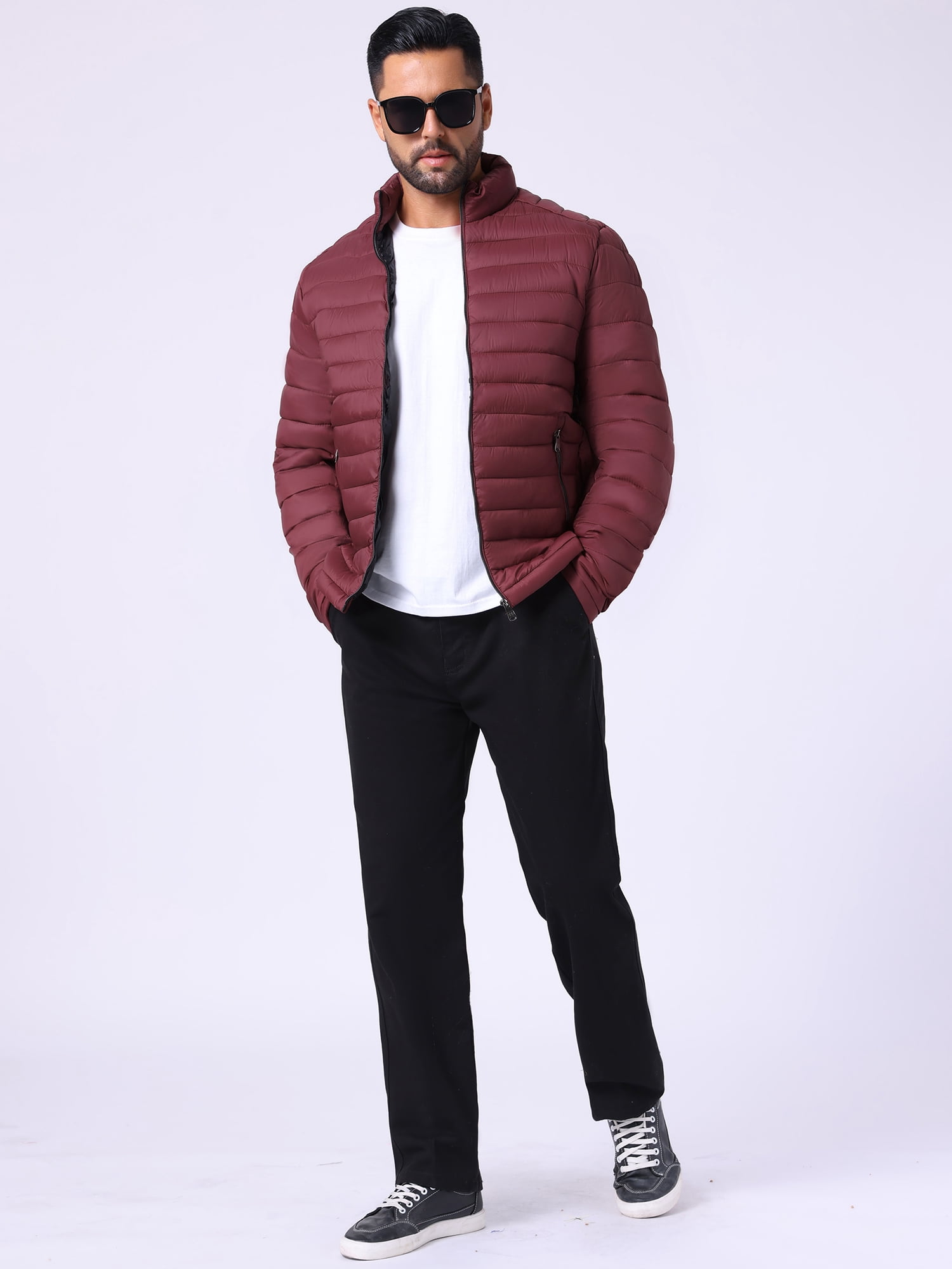 DARING DIVA Men's Winter Solid Stand Collar Zipper Quilted Puffer Jacket S Burgundy