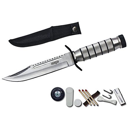 - Rogue River Tactical Hunting Knife Silver Serrated Blade 9.5 Inch Survival Knife Heavy Duty with Kit & Sheath Camping Fishing Matches Fish hooks Needles Compass ...Emergency Survivor Kit