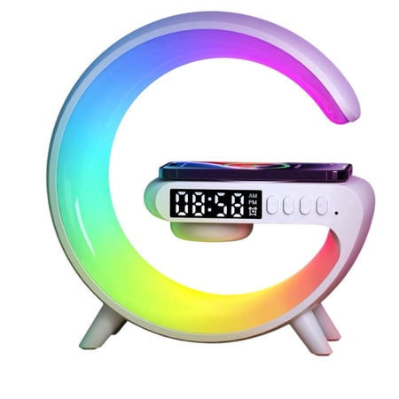 Wadan G-Shaped Table Lamp with Wireless Charging and Bluetooth Speaker, Alarm Clock, Night Light, White