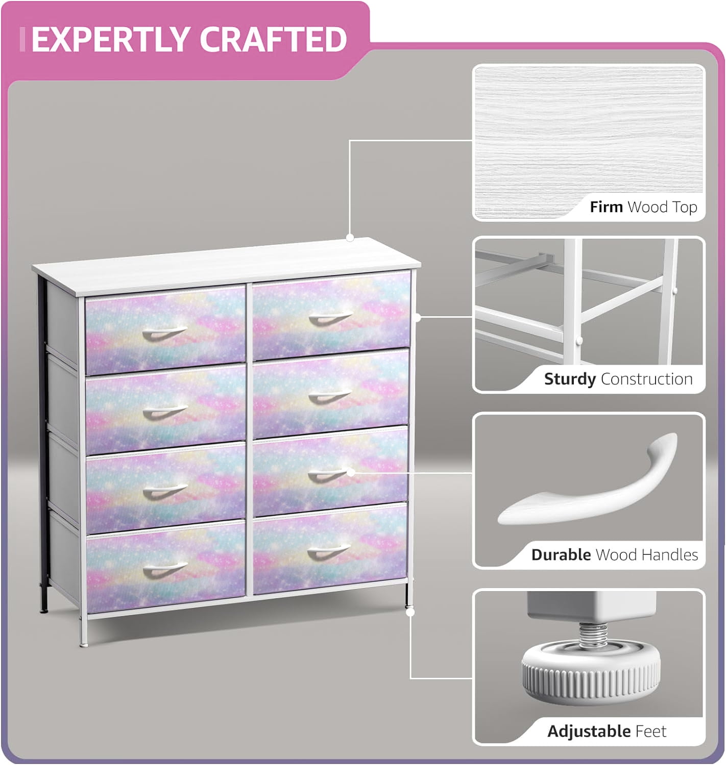 Sorbus Kids 8-Drawer Dresser Storage Tower, Steel Frame, Wood Top, Rainbow Sparkle
