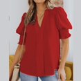 thumbnail image 2 of Cute Tops for Women Ruffle Puff Short Sleeve Casual T Shirts V Neck Solid Summer Loose Office Blouses Tunic Tee Tops, 2 of 7