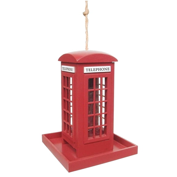 Bird Feeder - Red Telephone Booth Feeder, Spill Resistant Wooden Hanging Birdhouse with Roof Cover, Weatherproof Feeding Function, Ideal for Garden Backyard