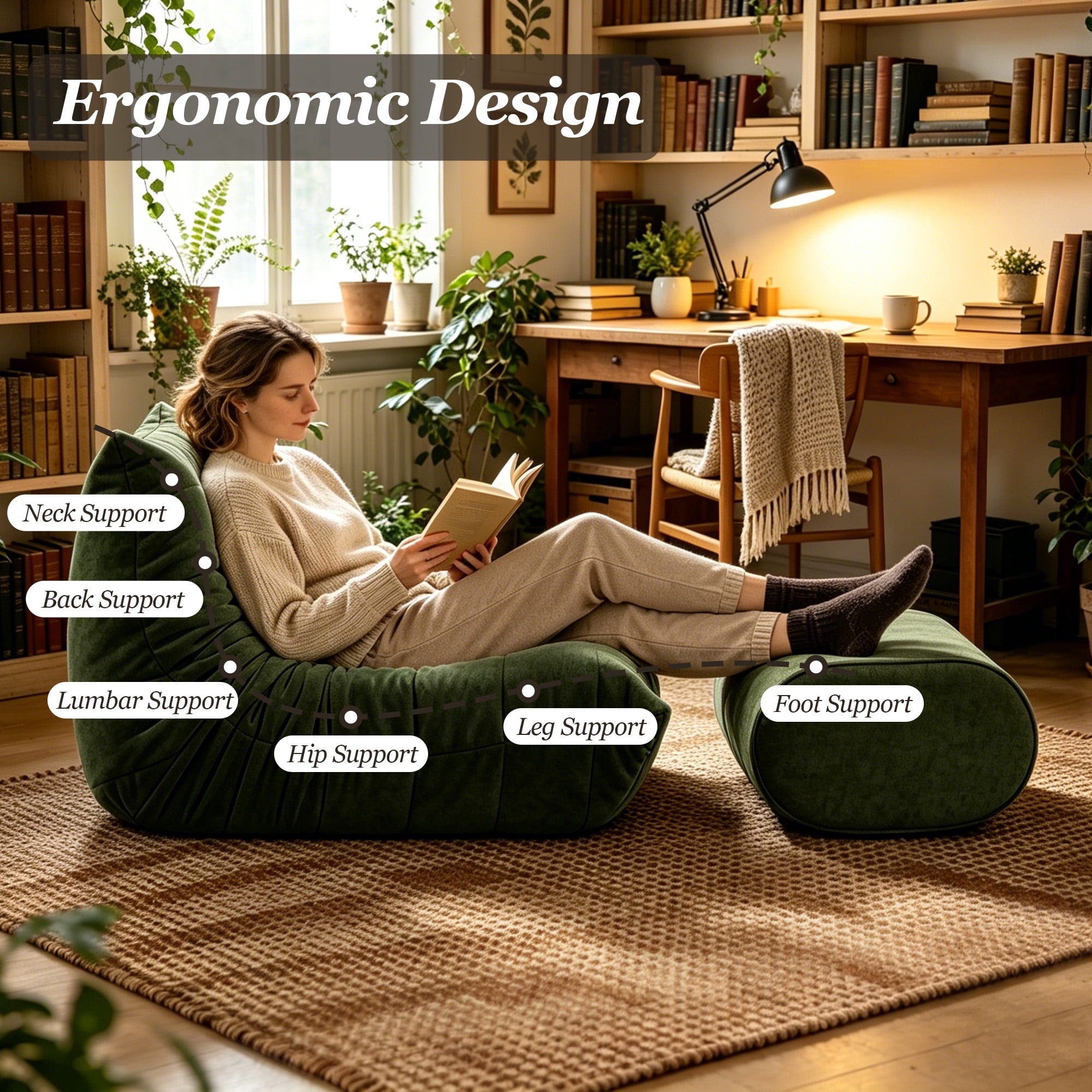 MOONMISS Chenille Fabric Chaise Lounge Chair with Ottoman, Ergonomic Lazy Sofa for Adults, Soft Cloud Couch for Living Room, Bedroom, Green